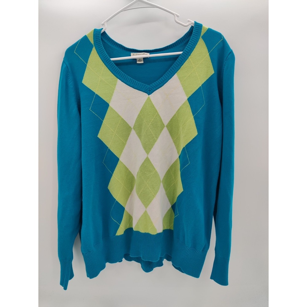 St Johns Bay Woman Teal Blue Argyle V-Neck Cotton Sweater Plus Size 1X